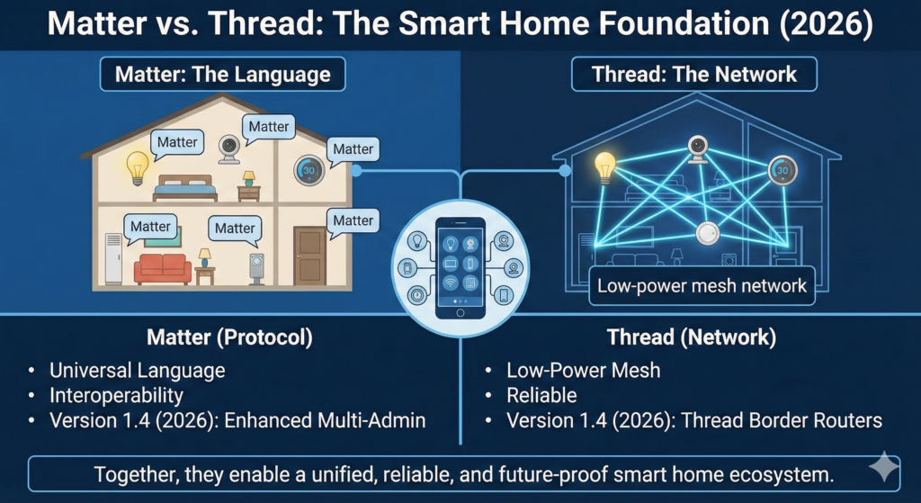 smart home security 2026 matter vs. thread
