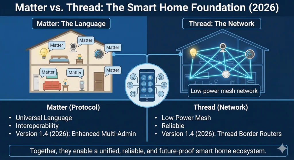 smart home security 2026 matter vs. thread
