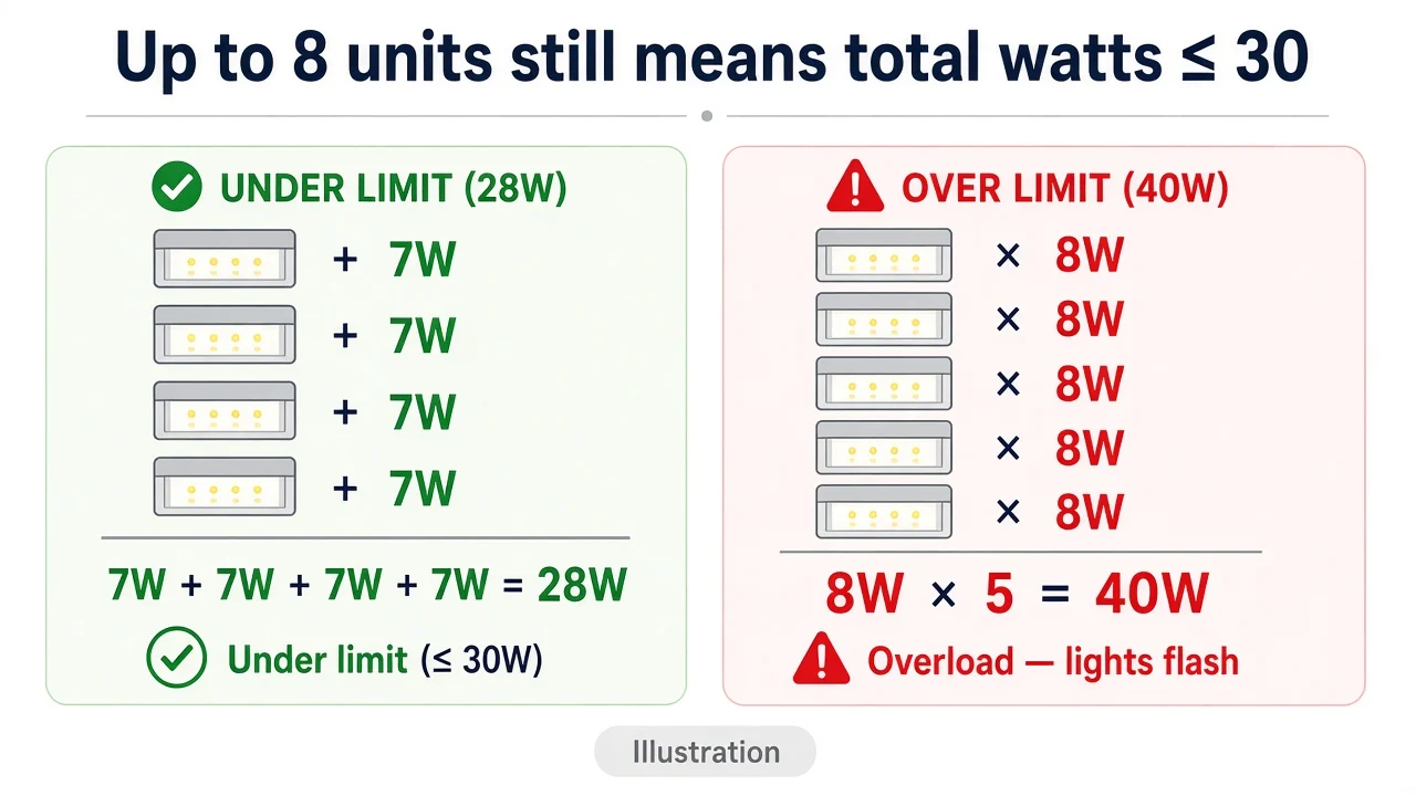 Diagram/illustration, not product photography: DUBBELKISEL 30W wattage budget examples
