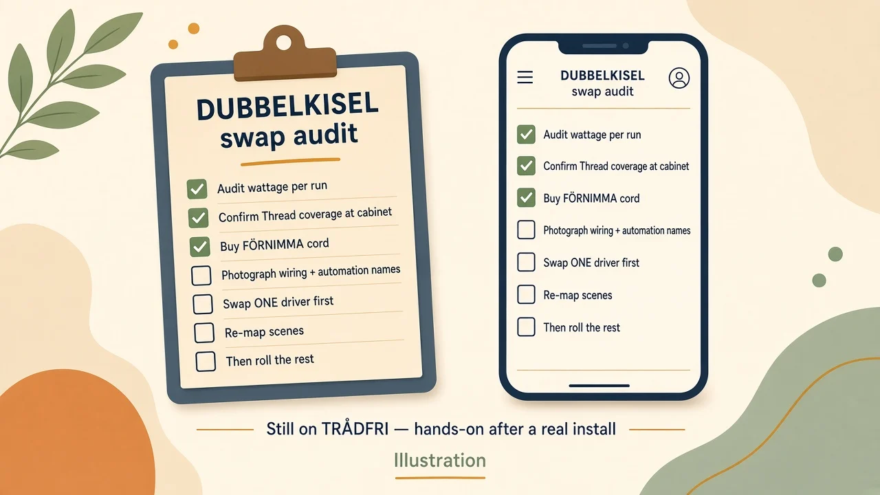 Diagram/illustration, not product photography: DUBBELKISEL swap checklist