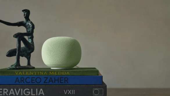 Google Home Speaker in light green on a stack of books